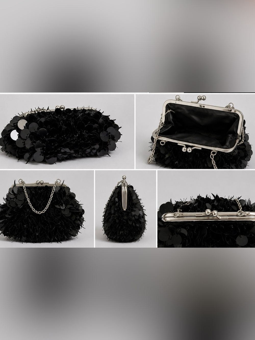 Black Sequin Wristlet Clutch Evening Bag Silver Kiss Lock Statemrnt Glam Purse